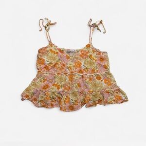 SO Floral Ruffle Tie-Shoulder Tank Top in Orange, Pink & Cream